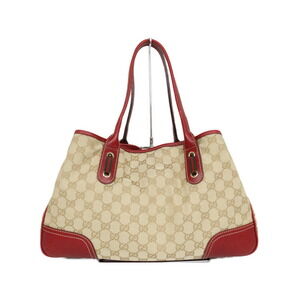 Gucci Beige Leather Bag Tote Canvas GG Red Tan